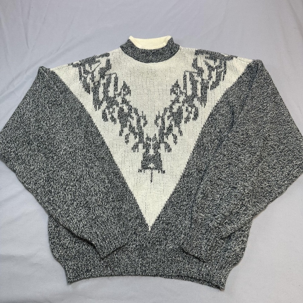 VTG McGregor Sweater Mens L Gray Acrylic Geometric Mock Neck Heavyweight USA 90s
